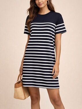 Express Navy & White T-Shirt Dress Casual Striped Mini Dress